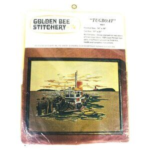 Vintage 1976 Embroidery Kit Tugboat Golden Bee Stitchery Picture Pier Lighthouse